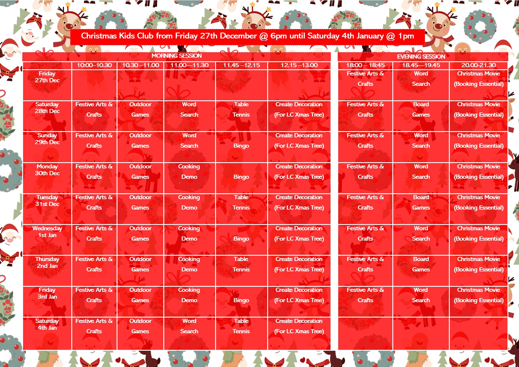 Christmas Kids Club Timetable