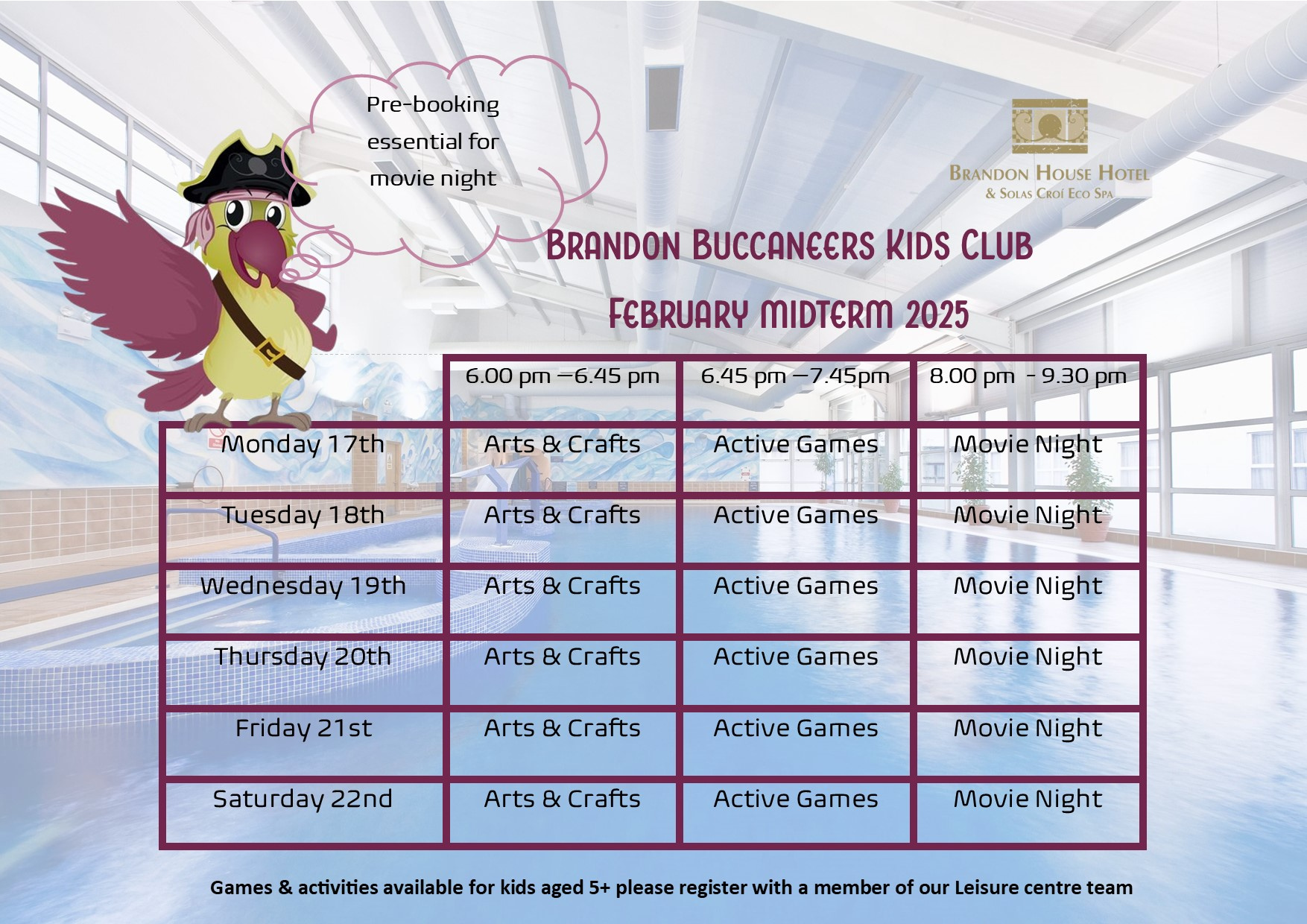 February Midterm Kids Club Timetable